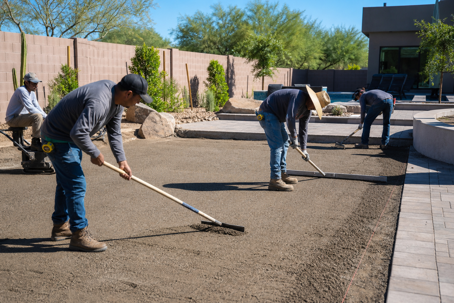 Artificial turf installation crew preparing compacted base material in a Scottsdale backyard