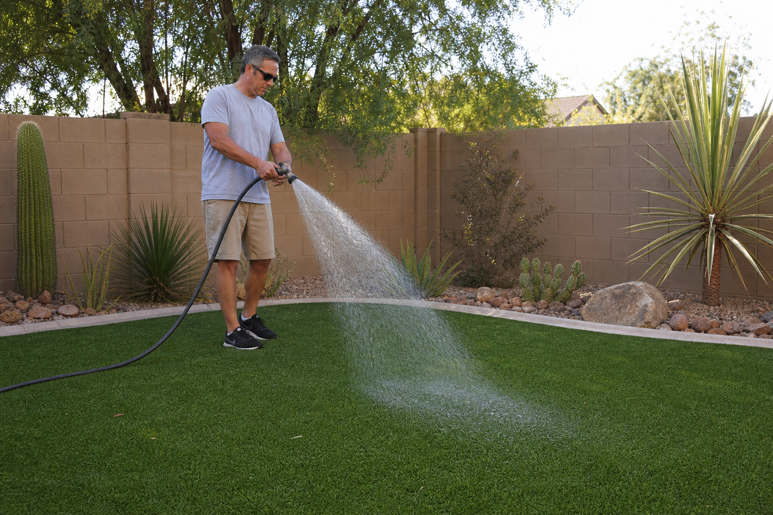 Homeowner rinsing artificial turf with a garden hose in a Scottsdale backyard