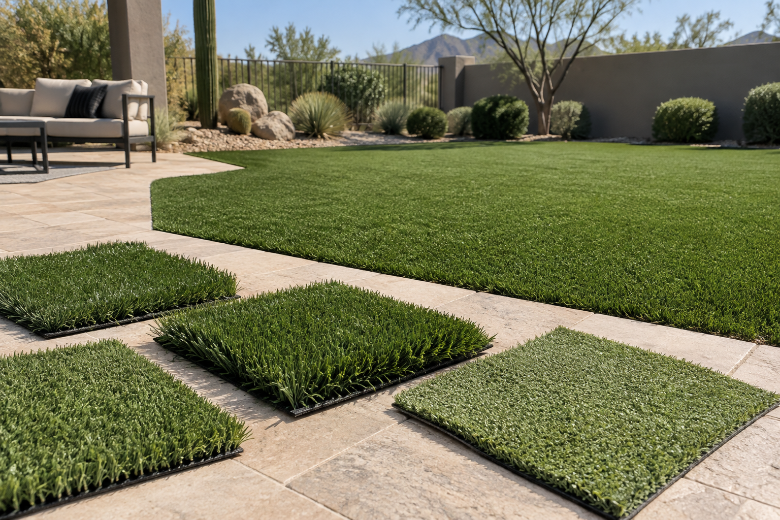 Artificial turf sample swatches of different pile heights and green shades in a Scottsdale backyard
