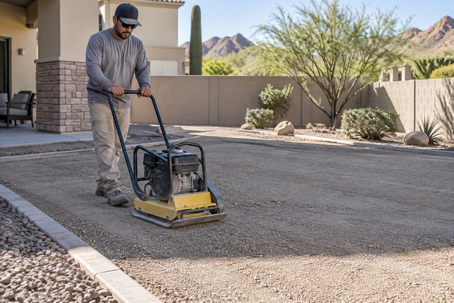 Installer using a plate compactor on a graded gravel base in a Scottsdale backyard before artificial turf installation