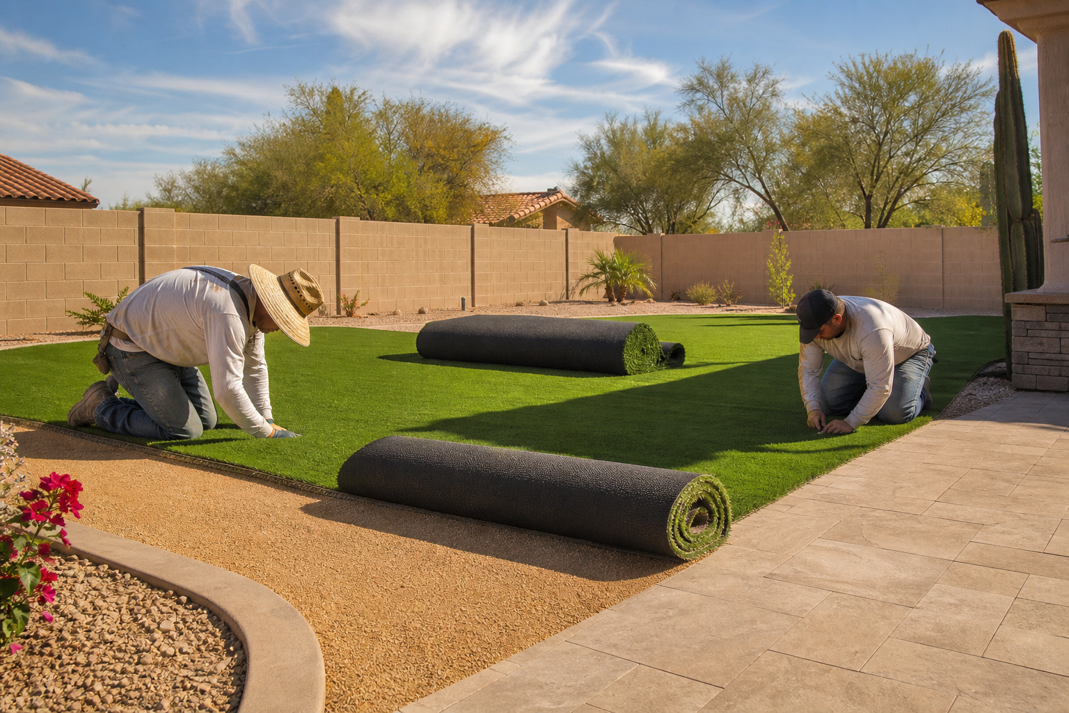 Installers laying rolls of artificial turf in a Scottsdale backyard in fall