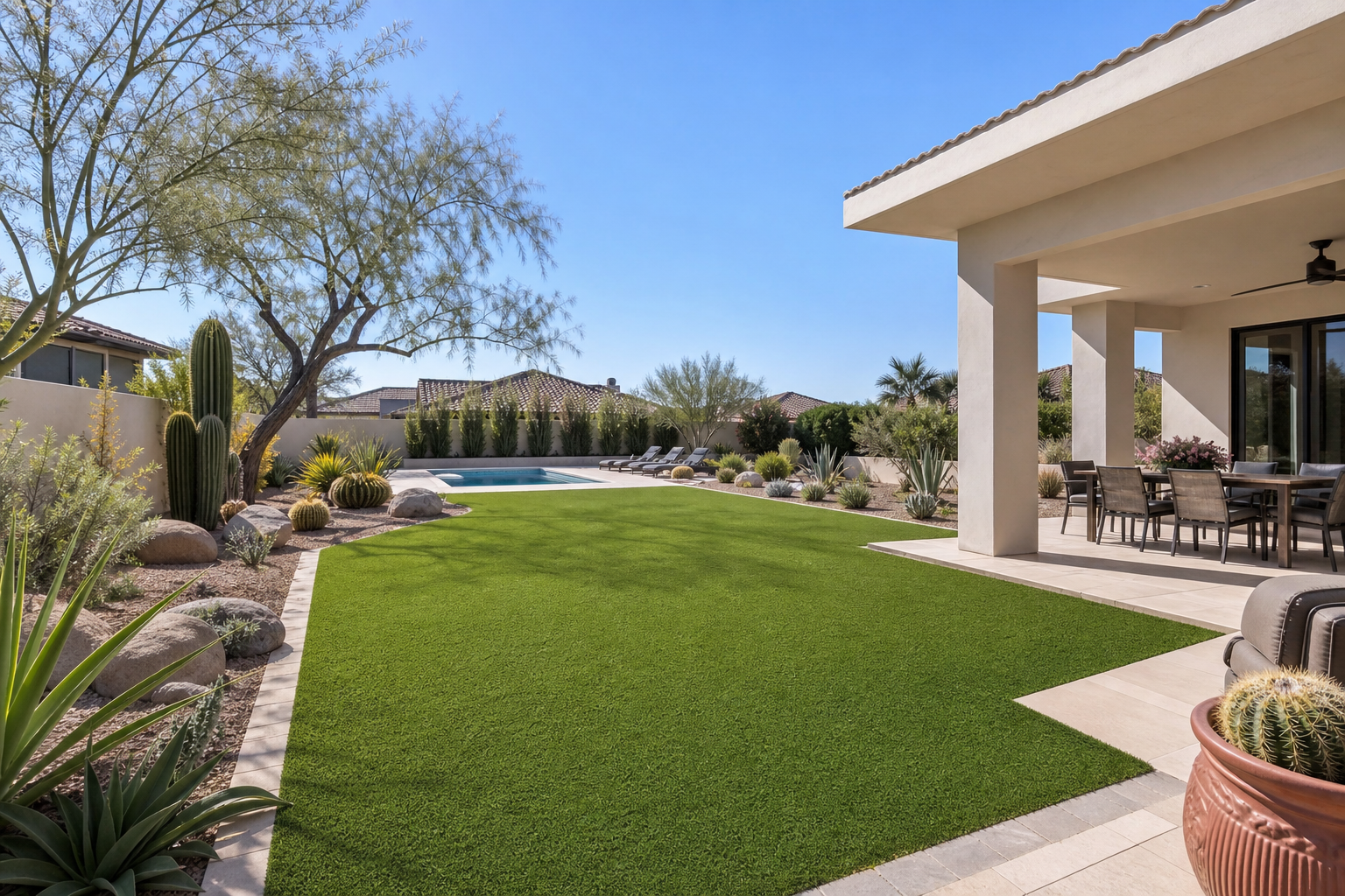 Lush artificial turf backyard with desert landscaping in Scottsdale
