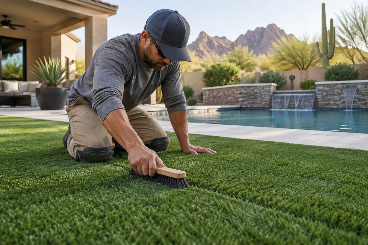 Installer brushing a nearly invisible seam on freshly installed artificial turf in a Scottsdale backyard with pool