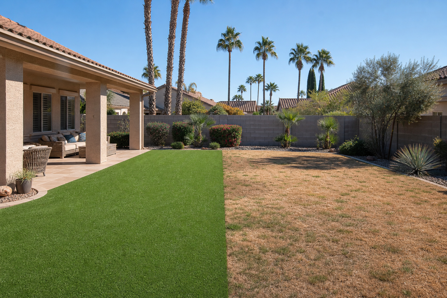 Scottsdale backyard showing lush artificial turf next to dry patchy natural grass