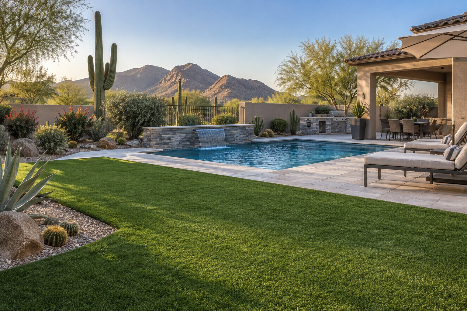 Lush artificial turf lawn beside a backyard swimming pool in Scottsdale with desert landscaping and patio furniture