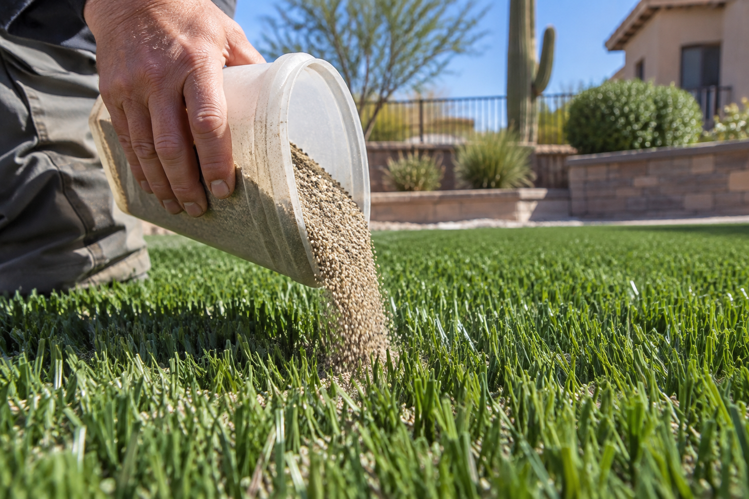 Hand pouring granular infill material between green artificial turf blades in a Scottsdale backyard